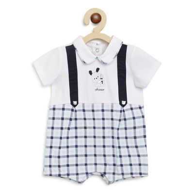 Boys White & Light Blue Checkered Short Sleeve Romper